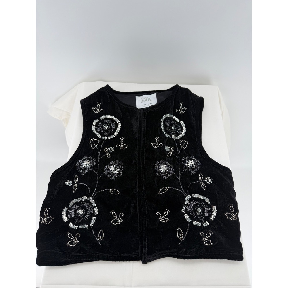 Zara Vest Kids Size 8-9 Black Excellent Velvet Floral Sequin Embroidered Boho